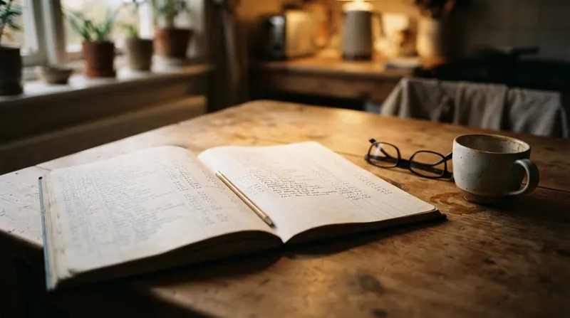 An open ledger with handwritten columns, a pencil and reading glasses on a kitchen table