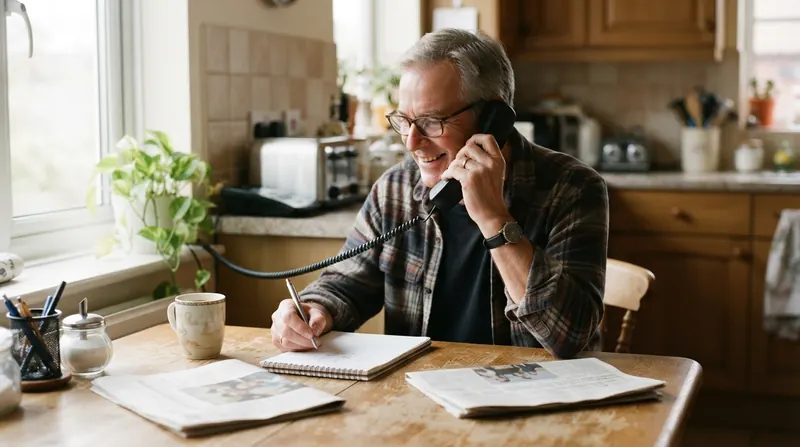 A man in his sixties on the phone at his kitchen table, taking notes