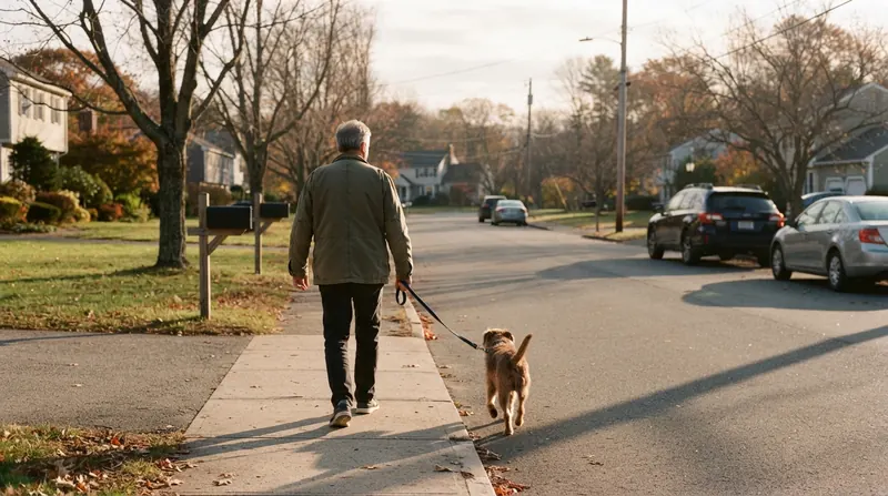 A man in his sixties walking a dog along a suburban street at sunrise