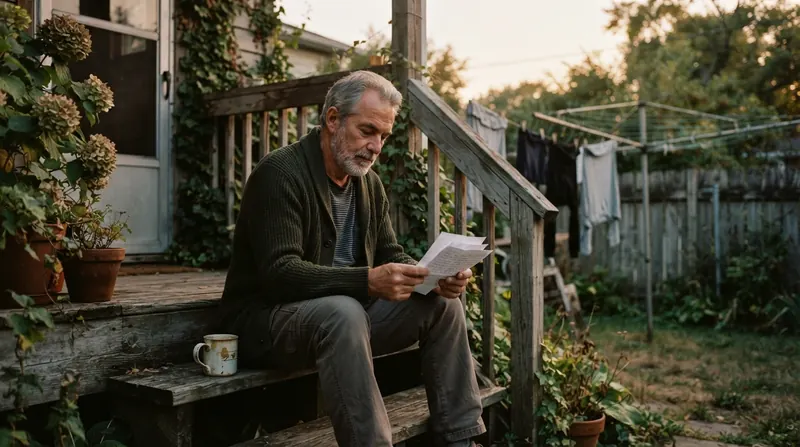 A man in his sixties reading printed pages on his back steps at dusk