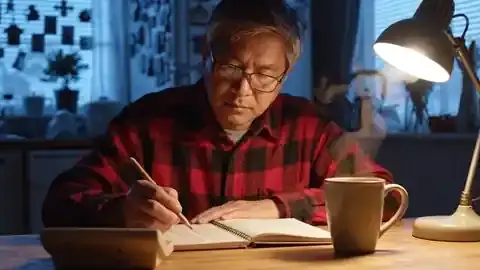 A man in his early sixties looking up from a ledger at his kitchen table before dawn