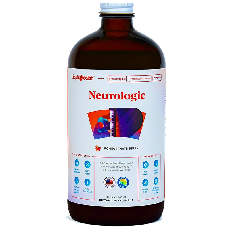 The amber 32-ounce Neurologic bottle with its white label and red name